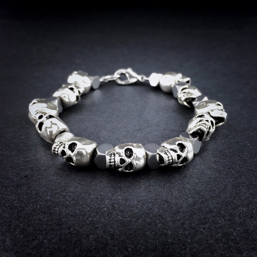 💀Silver Skull Hematite Men’s Beaded Bracelet